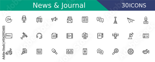 News & Journal Icons Set Vector. Line Style Icon Media, Journalism, Broadcasting for news portals, media, journalism websites and broadcast channels logo.