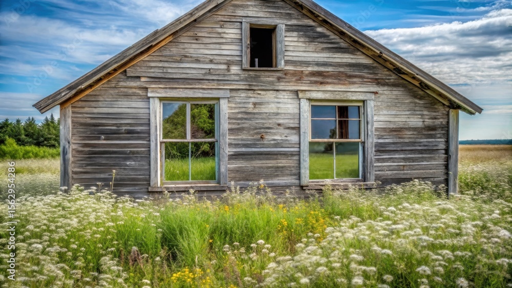 Obraz premium A weathered wooden structure, showing the passage of time, stands serene amidst a vibrant field of wildflowers, reflecting a peaceful countryside scene.