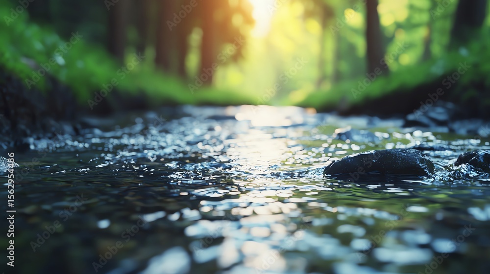 Fototapeta premium Gentle stream near tranquil trail path, peaceful nature scene with still water and illustrated light