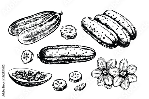 Cucumbers & Pickles Vector Engraving Set. Detailed Monochrome Botanical Illustrations. Vintage Stipple & Hatching Style Icons & Symbols