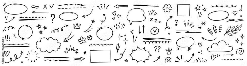 Line marker brush pen sketch underline set. Hand drawn pencil arrow, heart, star marker brush stroke icon element highlight scribble set. Cute swoosh, crown, speech bubble doodles. Vector illustration
