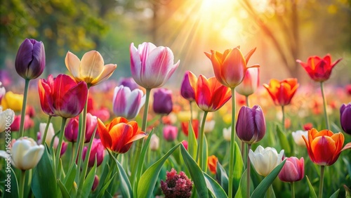 Vibrant Spring Meadow Displaying a Colorful Array of Tulips Bathed in Golden Sunlight