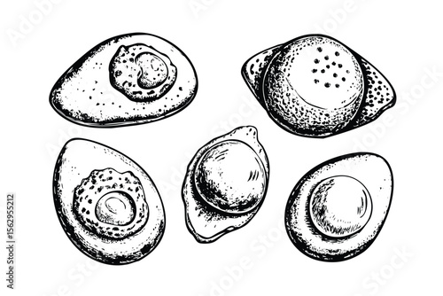 Fried Egg Variations Vector Engraving Set. Detailed Monochrome Breakfast Food Illustrations. Vintage Stipple & Hatching Style Icons & Symbols