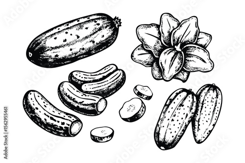 Cucumbers & Pickles Vector Engraving Set. Detailed Monochrome Botanical Illustrations. Vintage Stipple & Hatching Style Icons & Symbols