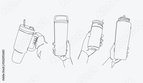 Set continuous one line drawing of hands holding different tumbler. Editable line. Vector illustration.
