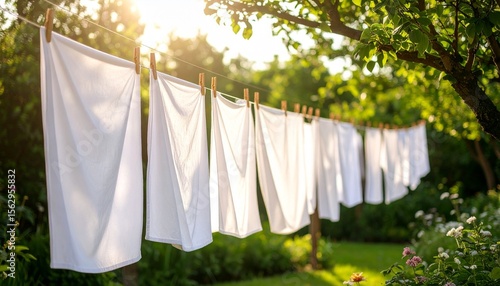 Wallpaper Mural 温かな夕日に照らされた洗濯物が干された庭の平和な日常風景
 Torontodigital.ca