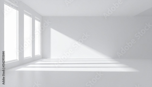 明るい自然光が差し込む白い壁の美しいミニマルな室内空間
