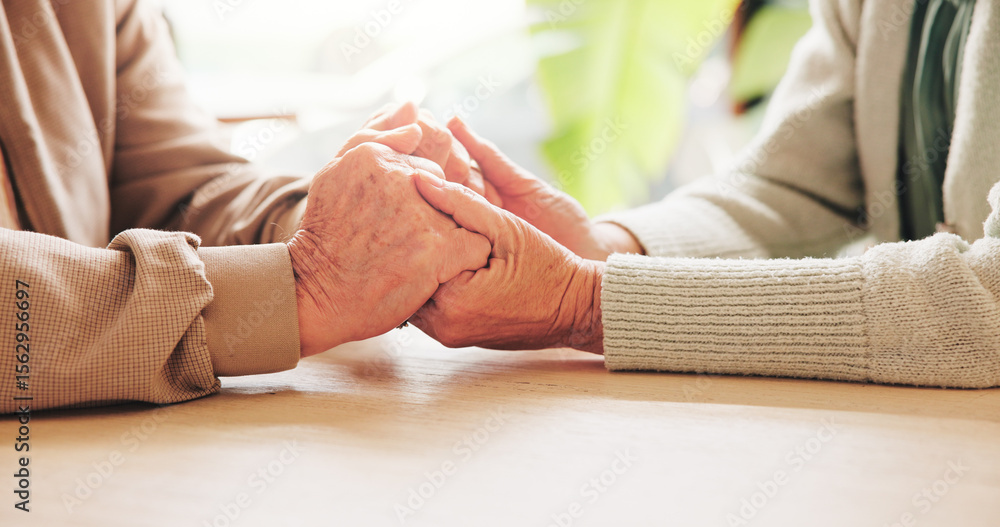 Fototapeta premium Holding hands, support and senior couple in home with comfort, bonding or connection in relationship. Empathy, trust and elderly man with woman for care, love and marriage in retirement house.