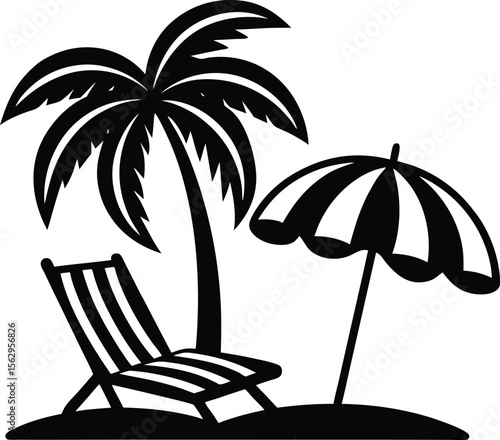 Tropical island paradise vector illustration with beach chairs, umbrellas, and palm trees under the summer sun