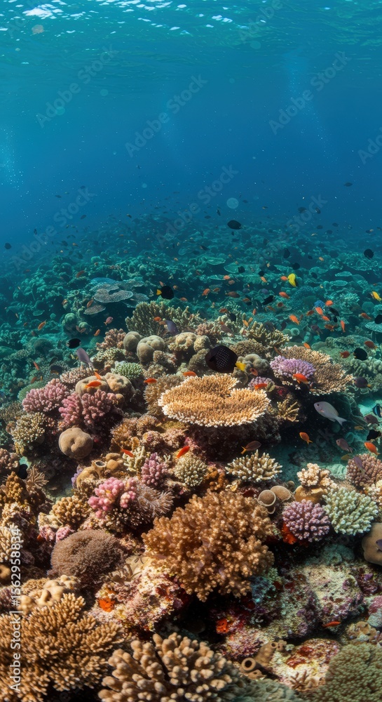 Naklejka premium Vibrant coral reef teeming with colorful fish under clear blue ocean water