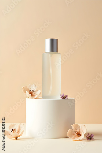 Pink flower and candle add to the spa beauty still life of a cosmetic bottle, soap, and bath accessories for relaxation and body care