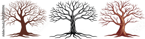 Vector illustration of brown silhouette tree icon set with bare branches. tree, silhouette, vector, brown.