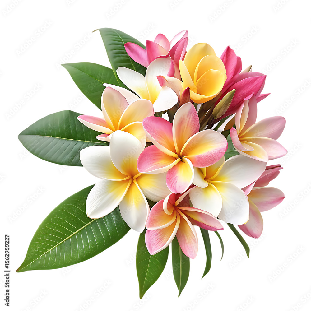 Fototapeta premium Vibrant Plumeria Blossom Bouquet: Perfect Floral Background