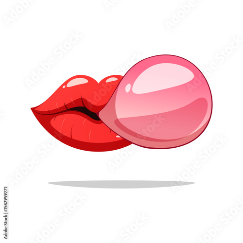 Lips and bubble gum vector isolated on white background.