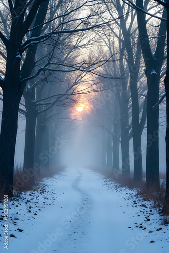 Morning in a snowy, foggy winter forest landscape with sunlit trees and a winding road