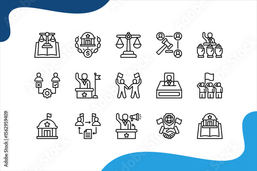 Power and Politics icon set. with Democracy, Electoral, Executive, Civil liberties, Election, Republic, Federal, Bureaucracy, Campaign, Diplomacy, Political science, Power.