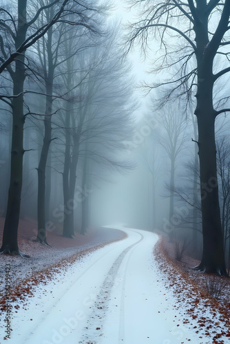 Cold winter fog envelops a snowy forest road, creating a serene and frosted landscape
