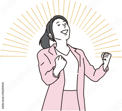 拳を握りガッツポーズをする若い女性のイラスト素材