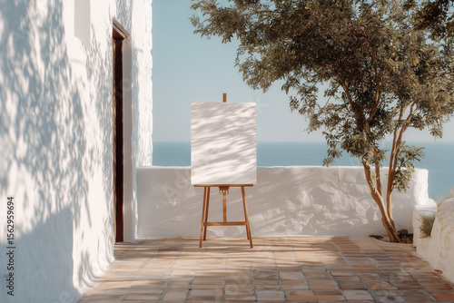 Blank white canvas on easel in a Mediterranean courtyard with whitewashed walls, sun glare, terracotta tiles and sea view. Thoughts of tranquility, elegance and coastal charm.