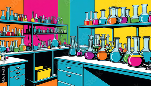 Vibrant Pop Art Chemistry Lab with Colorful Flasks and Beakers