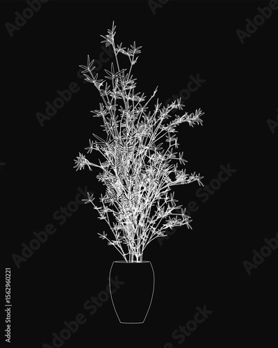 A black and white drawing of a plant in a pot, featuring realistic details of leaves and stems. The simple cylindrical pot has a wide base and narrow neck, contrasting sharply against the dark.