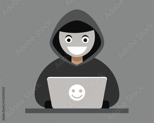 Anonymous hacker wearing mask and hood smiling while using laptop for malicious activity.