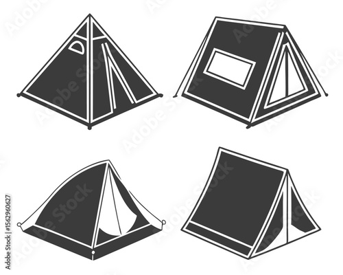 Illustrated vector collection of various tent styles for camping adventure and outdoor recreational activities.