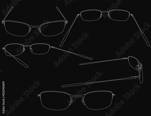 A pair of classic rectangular glasses with tinted lenses and thin curved arms, isolated on a solid black background. The minimalist line drawing emphasizes clean design and contrast.