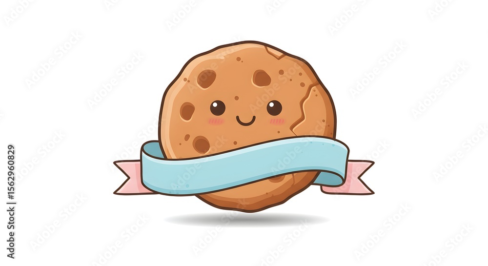 Fototapeta premium Cute Happy Brown Cookie Illustration with Blue Ribbon Banner on White Background
