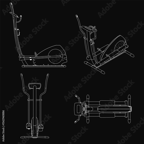 Three elliptical machines with sleek designs stand in a row against a black background, featuring distinct handlebars, pedals, and seats. The color scheme ranges from black to white
