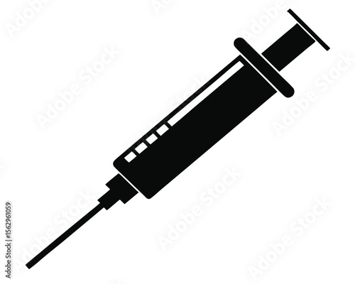 Black and white illustration of a medical syringe for healthcare and vaccination concepts.