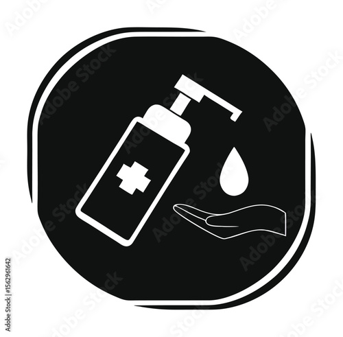 Black and white hand sanitizer dispenser icon demonstrating sanitization in a circle.