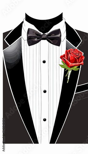 Tuxedo with red rose boutonniere and bow tie in classic style  