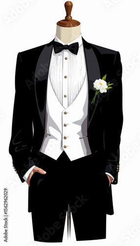 Elegant tuxedo with bow tie and boutonnière on mannequin display  