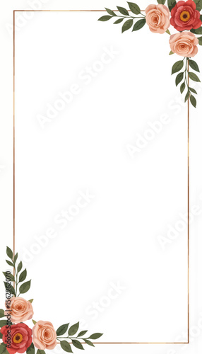 Floral border design with pink roses and green leaves  