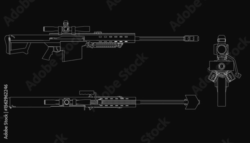 A detailed blueprint of a sniper rifle on a black background features a long barrel, precision scope, and intricate mechanical components. The technical drawing highlights the weapon's design