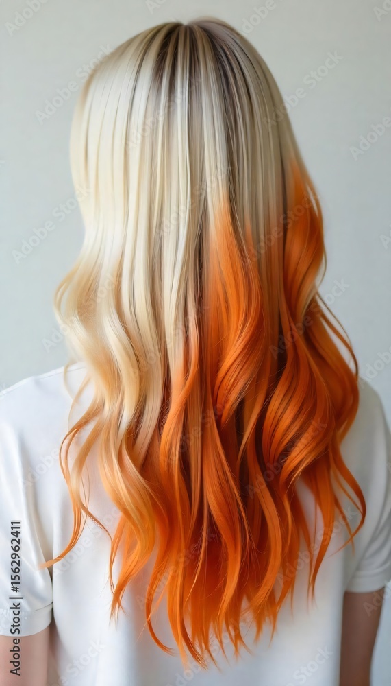 Naklejka premium Stunning Blonde to Orange Dip Dye Hair Long Wavy Hairstyle Back View