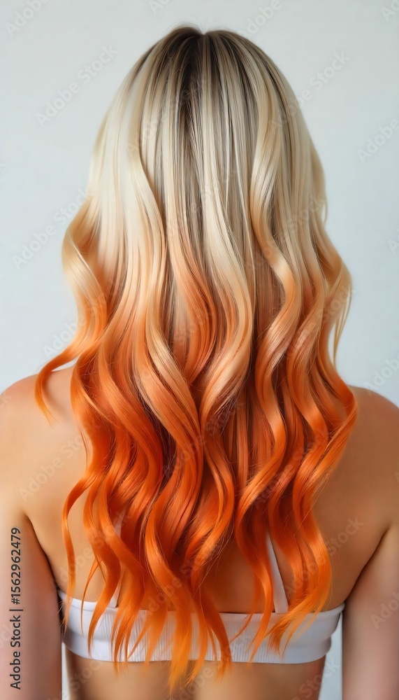 Fototapeta premium Stunning Ombre Hair Long Wavy Blonde to Fiery Orange Hairdo Back View