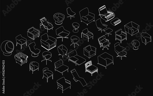 A set of armchairs arranged in a circle, each with unique shapes and sizes, featuring curved or straight backrests. Thin, precise lines create a modern and minimalist black-and-white line drawing.