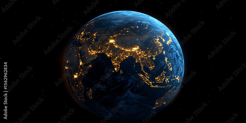 Obraz premium Realistic rendering of planet earth at night revealing city lights of asia and australia