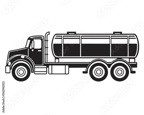 Black and white vector illustration of a tanker truck carrying liquid cargo transportation.