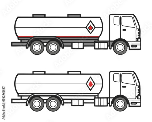 Vector illustration of two tanker trucks with red diamond warning symbols transporting liquid fuel.