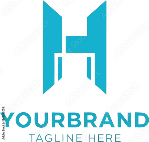 A turquoise h letter logo with yourbrand and tagline here on light blue background