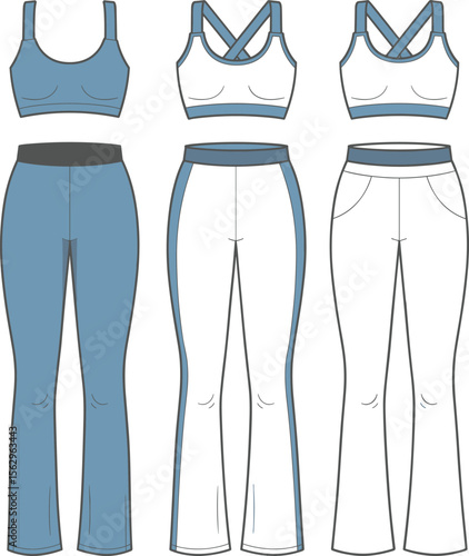 Women's Activewear Collection Technical Flat Sketch, Sports Bra and Flare Leggings Set, Fitness Apparel Templates, Yoga Workout Clothes, Athleisure Fashion Design, Detailed Outline for Digital Art.