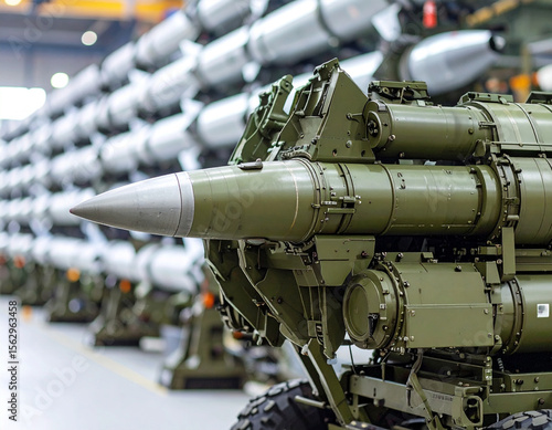 Close-up of a guided missile, prominently displayed in a factory setting amongst rows of similar weaponry.