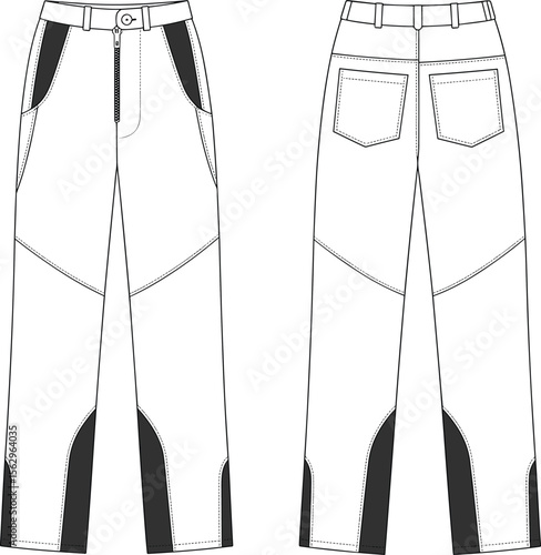 Alpine Ski Pants Flat Sketch: Technical Drawing for Skiing, Snowboarding, Winter Sports Apparel Design, Outdoor Adventure, Fashion Template, Vector Illustration, Clothing Mockup, Performance Gear