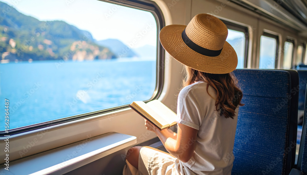 Fototapeta premium Female traveler with a wide-brim hat and a journal, sitting by a window on a scenic train ride through Europe