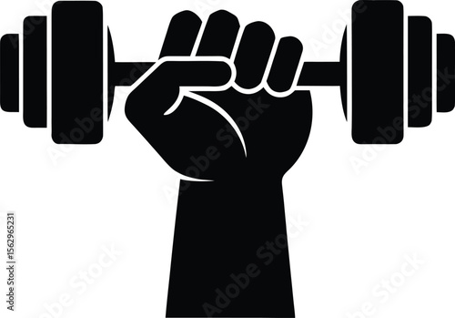 strong clenched hand fist holding lifting a barbell or dumbbell black silhouette vector