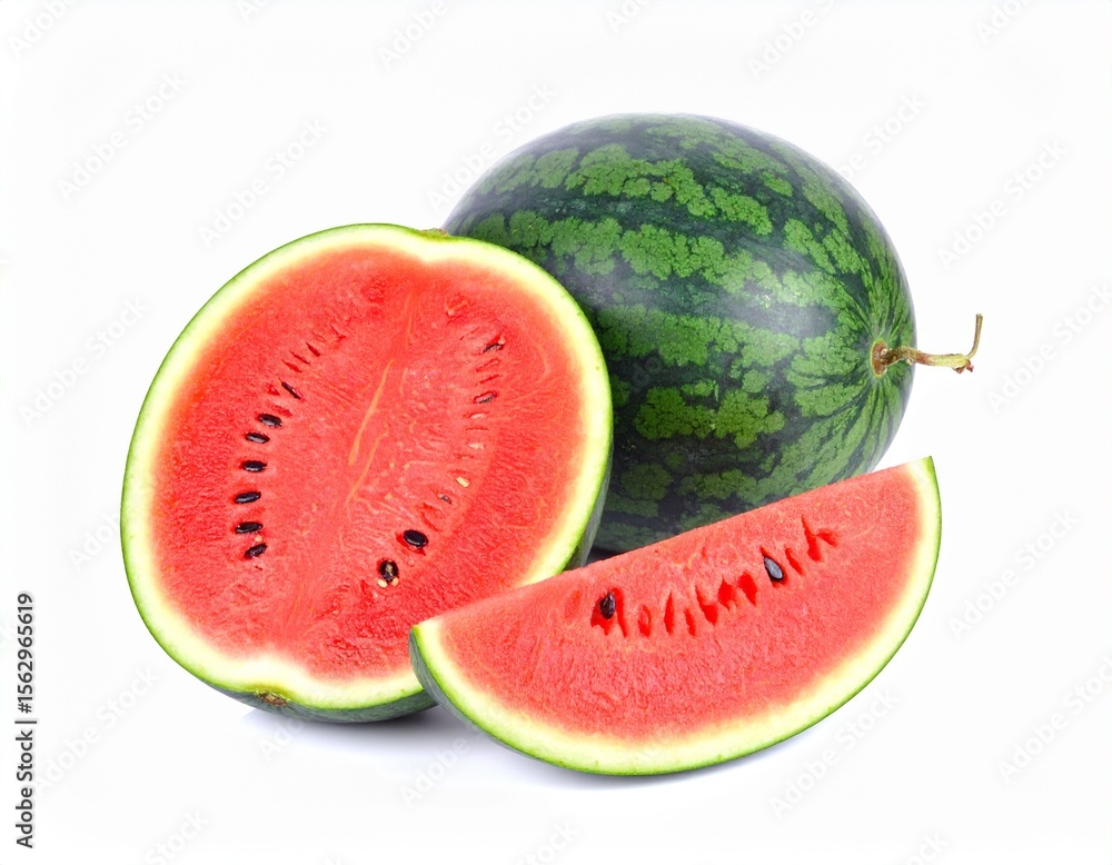 An irresistible collection of whole and cut watermelons, versatile for food photography, picnic scenes, or highlighting a vibrant, healthy lifestyle. Water melon in white background An irresistible collection of whole and cut watermelons, versatile for food photography, picnic scenes, or highlighting a vibrant, healthy lifestyle. Water melon in white background
