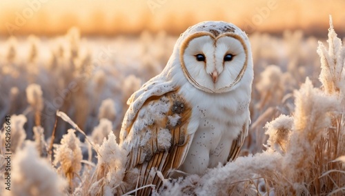 Wintewr rime frost surise. Barn Owl, Tyto alba, sitting on the rime white grass in the morning. Wildlife bird scene from nature. Cold morning sunrise, animal in the habitat, hidden in vegetation.